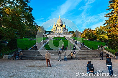 Evening views of Montmartre and the Sacre-Coeur basilica in Par Editorial Stock Photo