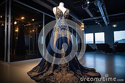 Evening (wedding) blue dress featuring gold embellishments. Stock Photo