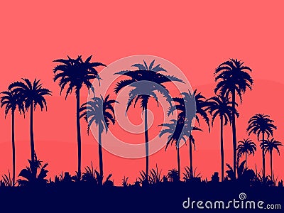 Evenings on the beach with dark colored coconut trees will relax the orange summer sky Vector Illustration