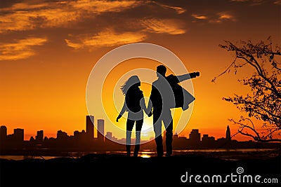 In the evenings soft light, a couples silhouette graces the sky Stock Photo