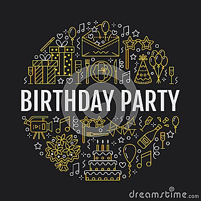 Event agency, birthday party banner with vector line icon of catering, birthday cake, balloon decoration, flower Vector Illustration