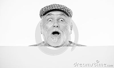 Event announcement. Pensioner grandfather in vintage hat poster information copy space. Elderly person. Announcement Stock Photo