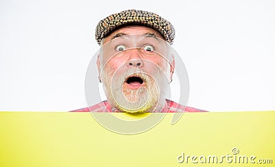 Event announcement. Pensioner grandfather in vintage hat poster information copy space. Elderly person. Announcement Stock Photo