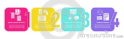 Event app vector infographic template. Interactive tools, communication with participants. Data visualization with four Vector Illustration
