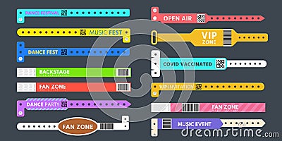 Event entrance plastic bracelet, pass wristband for concert. Wrist band with qr code covid vaccinated. Vip party access Vector Illustration