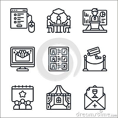 event management line icons. linear set. quality vector line set such as invitation, marquee, event, security, guest list, Vector Illustration