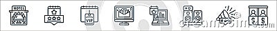 event management line icons. linear set. quality vector line set such as trade show, review, speakers, data analysis, invitation, Vector Illustration