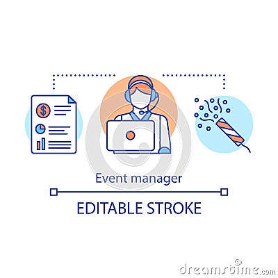 Event manager concept icon. Organization idea thin line illustration. Responsible person. Event agency. Party Vector Illustration