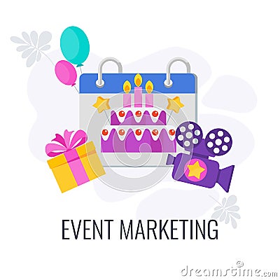 Event marketing Icon. Holiday calendar date. Cake, camera Vector Illustration