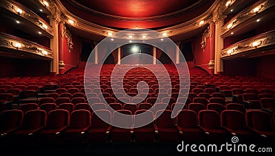 Velvet chairs theatre event movie auditorium show red opera empty rows theater cinema Stock Photo