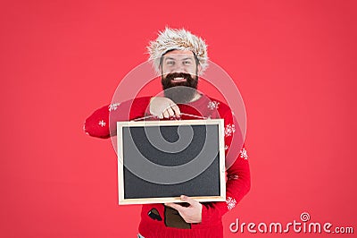 Event promotion. Christmas event. Invitation concept. Winter announcement. Winter event. Bearded hipster man blank Stock Photo