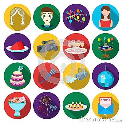 Event service set icons in flat style. Big collection of event service vector symbol stock illustration Vector Illustration