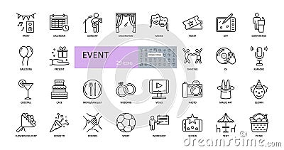 Event vector icons. Editable Stroke. Entertainment, party concert scenery, music video, wedding gifts, dancing, DJ. Food drinks, Vector Illustration