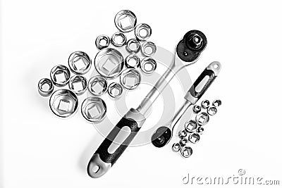 Evercare. socket wrench. perfect tool kit. Chrome Vanadium Steel. metallized fix equipment. socket wrench isolated on Stock Photo