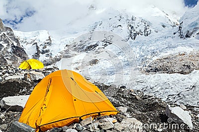 Everest Base Camp and tent in Himalaya Mountains Stock Photo