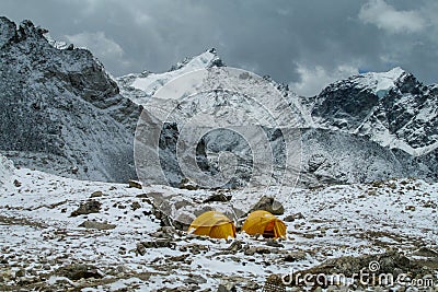 Everest Base Camp tents on Khumbu glacier EBC, Nepal side Stock Photo