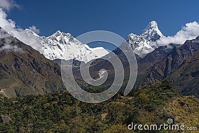 Everest, Lhotse, and Ama Dablam mountain peak view, Everest region, Nepal Stock Photo