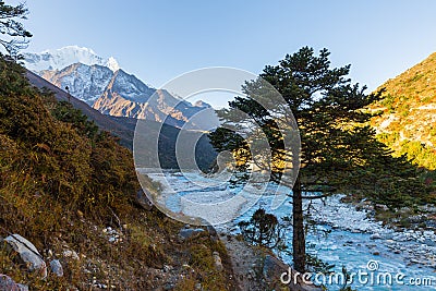 Everest Nuptse Lhotse mountain peaks at morning. Stock Photo