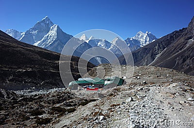 Everest trek, Guest houses of Dughla, Himalayas mountains, Nepal Stock Photo