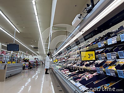 Everett, WA USA - circa December 2022: Wide view of a grocery store employee restocking the refrigerated meat department Editorial Stock Photo