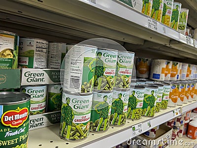 Everett, WA USA - circa June 2022: Angled, selective focus on canned green beans for sale inside a Fred Meyer grocery store Editorial Stock Photo