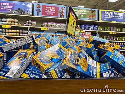 Everett, WA USA - circa June 2022: A large bin filled with Kraft macaroni and cheese boxes inside a Fred Meyer grocery store Editorial Stock Photo