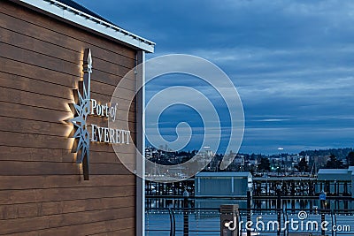 Port of Everett Building at the waterfront dock at Sunset Editorial Stock Photo