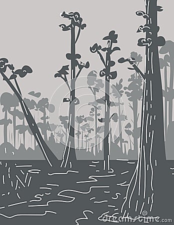 Everglades National Park in Florida Monoline Line Art Grayscale Drawing Vector Illustration