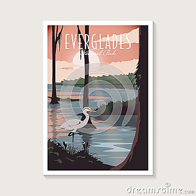 Everglades National Park poster illustration, Beautiful Swamp scenery with stork and crocodile poster Vector Illustration