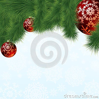 Evergreen branches with red ornaments. EPS 8 Vector Illustration