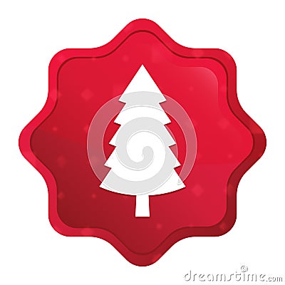 Evergreen conifer pine tree icon misty rose red starburst sticker button Stock Photo