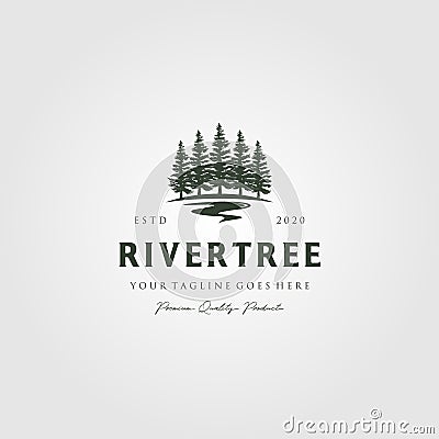 Evergreen pine tree logo vintage with river creek vector emblem illustration design Vector Illustration