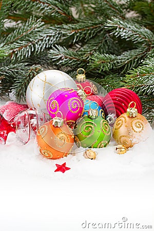 Evergreen tree and multicolored christmas balls Stock Photo