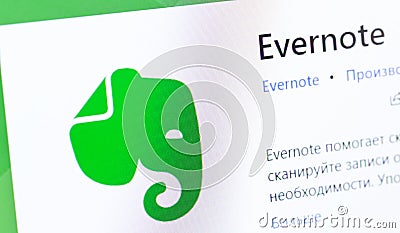 Evernote logo app on the screen notebook. Evernote is a web service Editorial Stock Photo