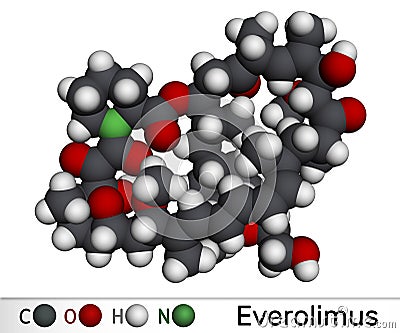 Everolimus molecule. It is derivative of Rapamycin sirolimus, immunosuppressant to prevent rejection of organ transplants. Stock Photo