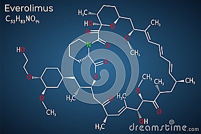 Everolimus molecule. It is derivative of Rapamycin sirolimus, immunosuppressant. Skeletal chemical formula on the dark blue Vector Illustration