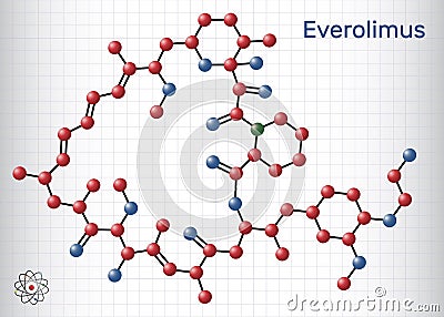 Everolimus molecule. It is derivative of Rapamycin sirolimus. Molecule model. Sheet of paper in a cage Vector Illustration