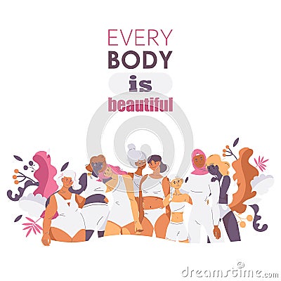 Every body is beautiful. Isolated on white feminism and self acceptance poster with various women in white swimsuits Stock Photo