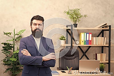 Every boss started as worker. Man bearded hipster boss looking at you with attention. Boss standing in office. Boss Stock Photo