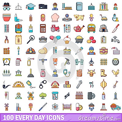 100 every day icons set, cartoon style Vector Illustration