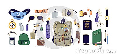 Everyday carry stuff for travel. Tourist bag and accessories set. Backpack content, essentials, things, supplies and Vector Illustration