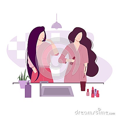 Everyday home routine, daily life. Girl couple, homosexual romantic partners. Two women brush their teeth in the bathroom Vector Illustration