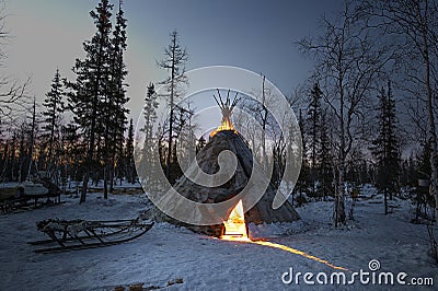 Everyday life of Russian aboriginal reindeer herders in the Arctic. Stock Photo