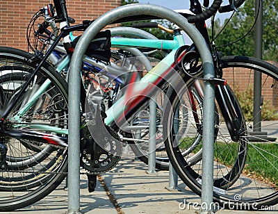 Row of student Bicycles on campus back to school Stock Photo