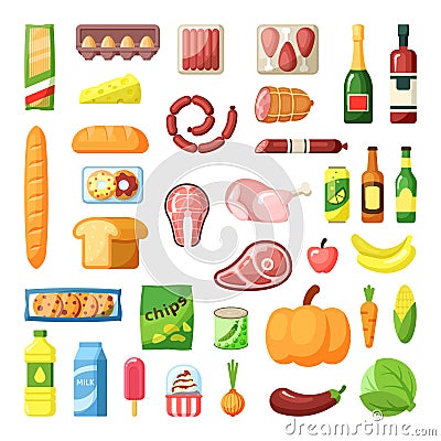 Everyday supermarket food items assortment flat vector illustrations set Vector Illustration