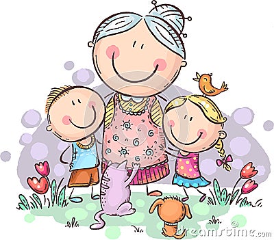 Everyone loves granny, grandmother with grandchilren and pets, colorful vector clipart Vector Illustration