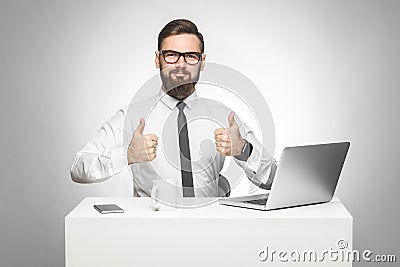 Everything alright! Portrait of handsome satisfied bearded young businessman in white shirt and black tie are sitting in office Stock Photo