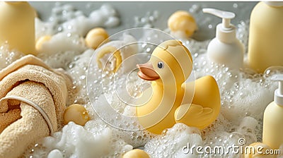 everything floats in soap foam flat lay Rubber Duckie, Soap Foam Fun, Kid-Friendly Shampoo Bottles Stock Photo