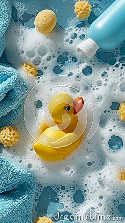 everything floats in soap foam flat lay Rubber Duckie, Soap Foam Fun, Kid-Friendly Shampoo Bottles Stock Photo