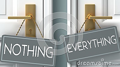 Everything or nothing as a choice in life - pictured as words nothing, everything on doors to show that nothing and everything are Cartoon Illustration
